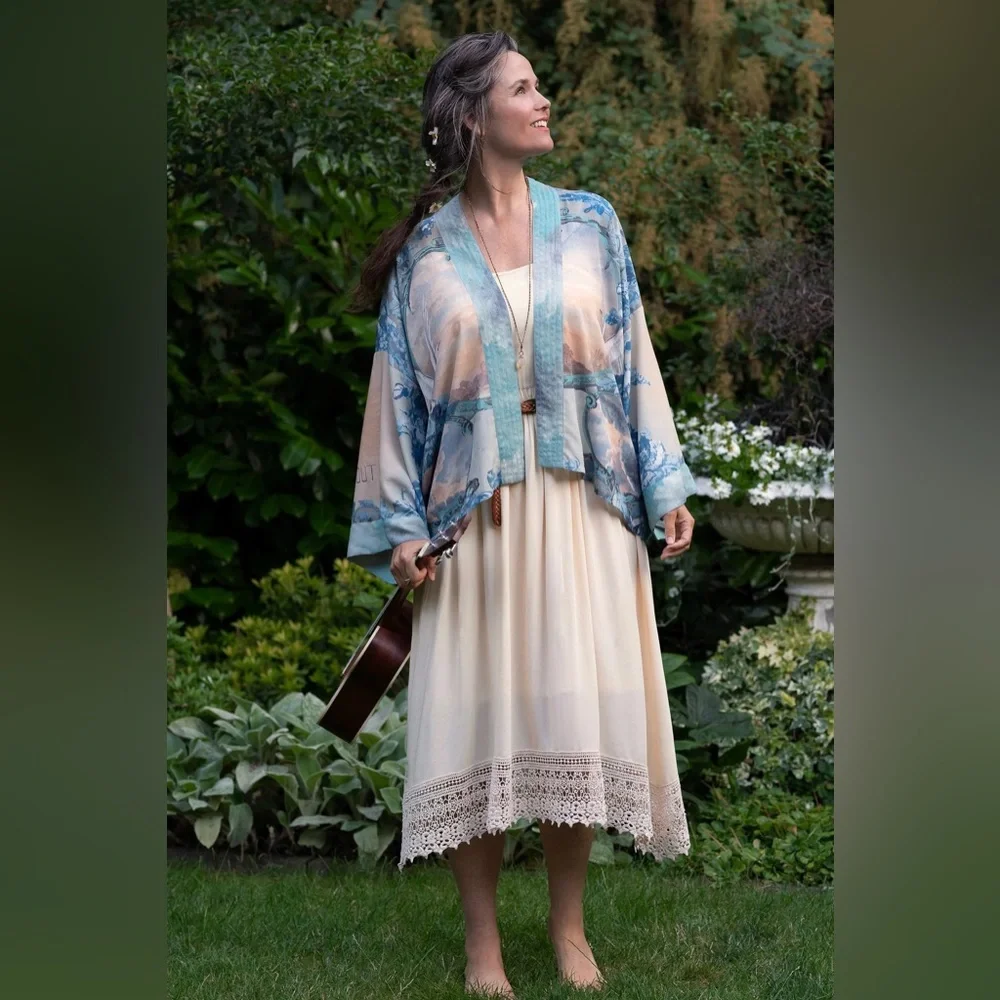 ⭐️Market of Stars⭐️ PEACE OUT Vintage  Art Lightweight Flowy Summer Cardigan - Picture 13 of 16